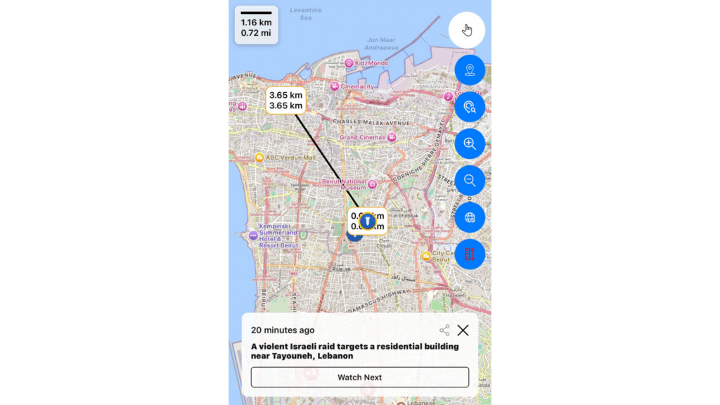 Karte von Beirut und der Distanz zur Gemeinde von Jiro Ghazarian, wo eine israelische Rakete eingeschlagen hat