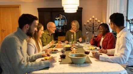 Foto von Familie und Studenten beim gemeinsamen essen